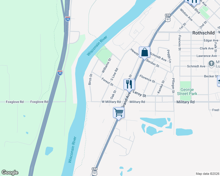 map of restaurants, bars, coffee shops, grocery stores, and more near 705 S Line Rd in Rothschild