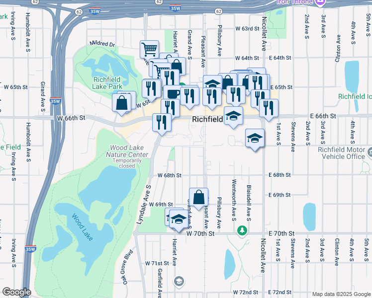map of restaurants, bars, coffee shops, grocery stores, and more near 6700 Grand Avenue South in Minneapolis