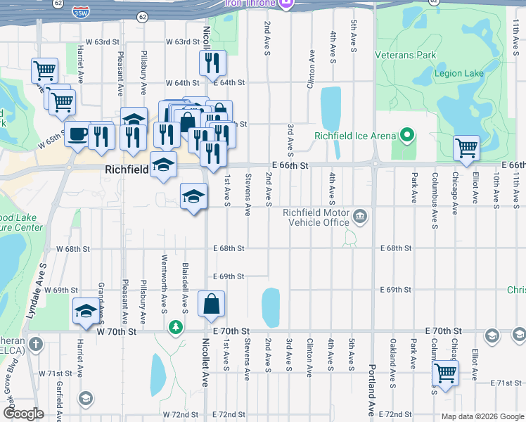 map of restaurants, bars, coffee shops, grocery stores, and more near 6700 2nd Avenue South in Richfield