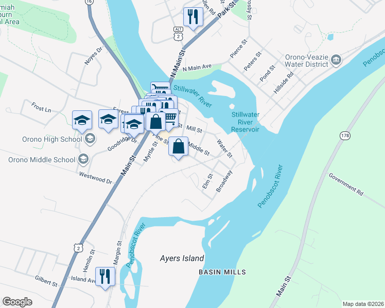 map of restaurants, bars, coffee shops, grocery stores, and more near 50 Pine Street in Orono