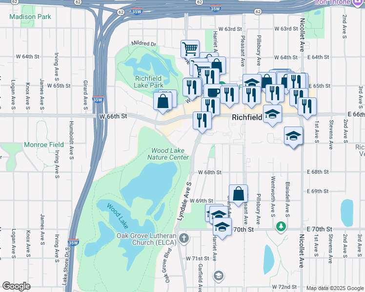 map of restaurants, bars, coffee shops, grocery stores, and more near 6715 Lake Shore Drive South in Minneapolis