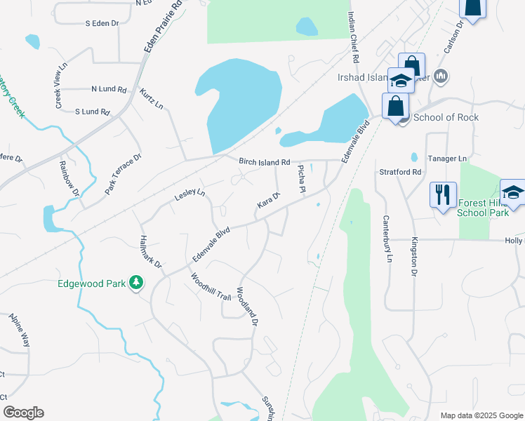 map of restaurants, bars, coffee shops, grocery stores, and more near 6673 Kara Drive in Eden Prairie