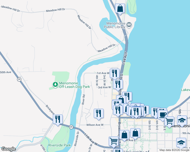 map of restaurants, bars, coffee shops, grocery stores, and more near 114 4th Street West in Menomonie