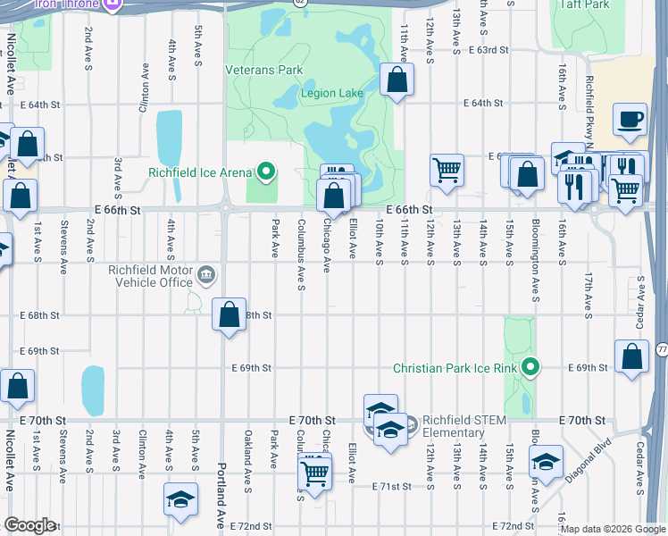 map of restaurants, bars, coffee shops, grocery stores, and more near 6701 Chicago Avenue in Richfield