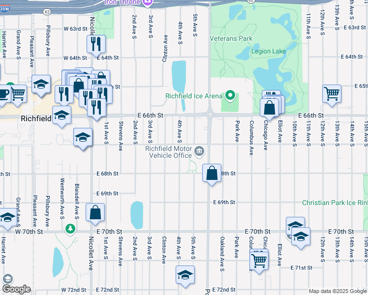 map of restaurants, bars, coffee shops, grocery stores, and more near 6701 4th Avenue South in Minneapolis
