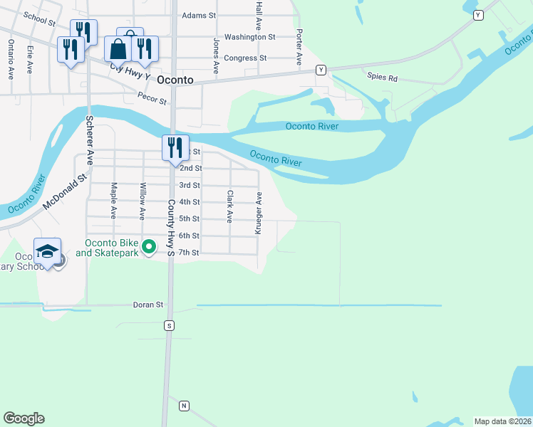 map of restaurants, bars, coffee shops, grocery stores, and more near 702 5th Street in Oconto