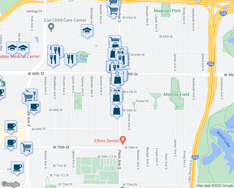 map of restaurants, bars, coffee shops, grocery stores, and more near 6700 Penn Ave S in Minneapolis