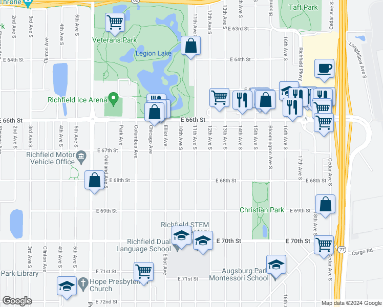 map of restaurants, bars, coffee shops, grocery stores, and more near 6700 11th Avenue South in Richfield