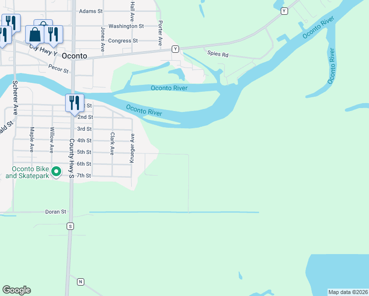 map of restaurants, bars, coffee shops, grocery stores, and more near 901 5th Street in Oconto