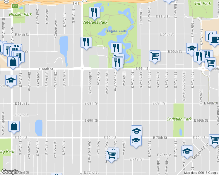 map of restaurants, bars, coffee shops, grocery stores, and more near 6701 Columbus Avenue in Minneapolis