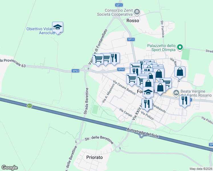 map of restaurants, bars, coffee shops, grocery stores, and more near 9 Via Bussolati in Fontanellato
