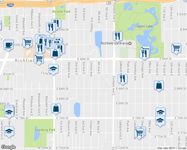 map of restaurants, bars, coffee shops, grocery stores, and more near 6701 Clinton Avenue in Richfield