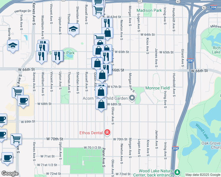 map of restaurants, bars, coffee shops, grocery stores, and more near 6700 Oliver Avenue South in Minneapolis