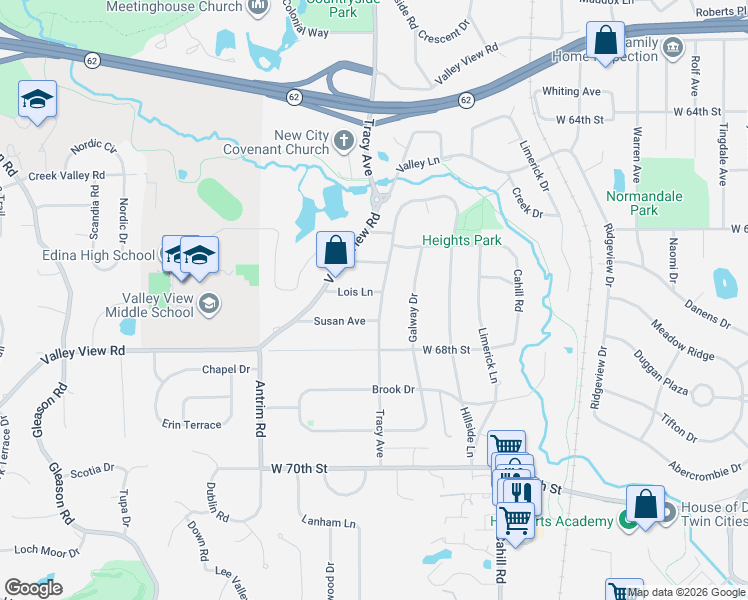 map of restaurants, bars, coffee shops, grocery stores, and more near 5701 Lois Lane in Edina