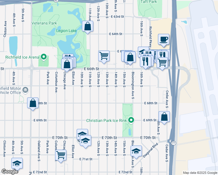 map of restaurants, bars, coffee shops, grocery stores, and more near 6701 13th Avenue South in Minneapolis