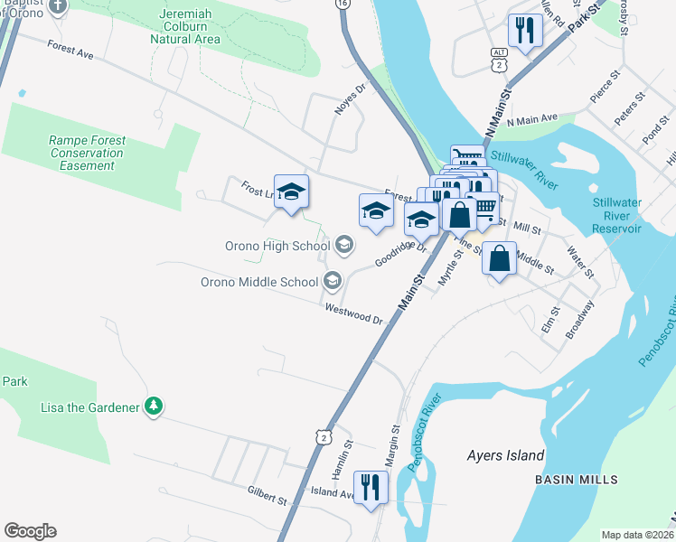 map of restaurants, bars, coffee shops, grocery stores, and more near 14 Goodridge Drive in Orono