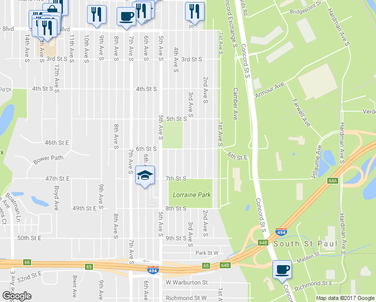 map of restaurants, bars, coffee shops, grocery stores, and more near 602 3rd Avenue South in South Saint Paul