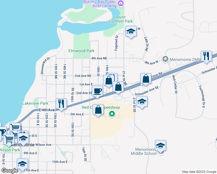 map of restaurants, bars, coffee shops, grocery stores, and more near 118 19th Street South in Menomonie