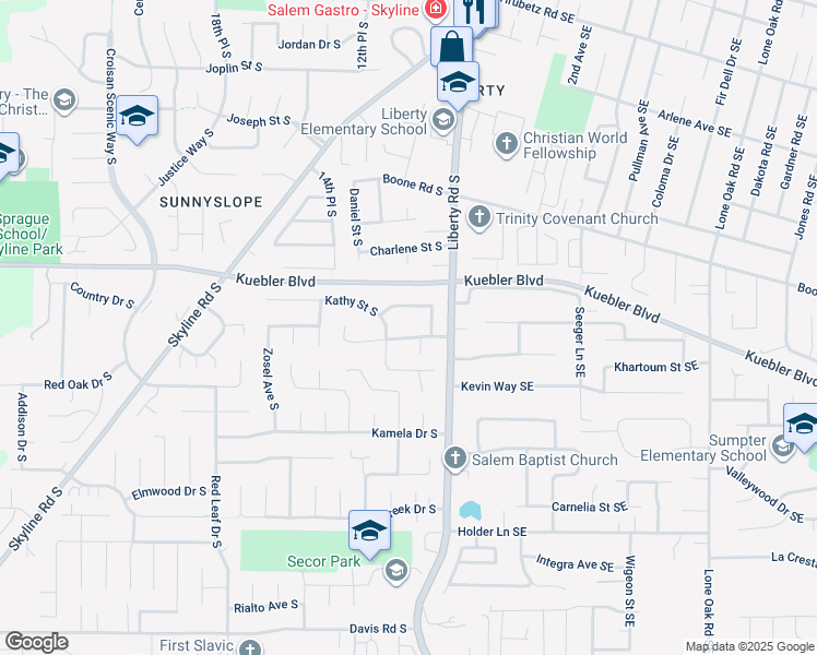 map of restaurants, bars, coffee shops, grocery stores, and more near 1167 Kashmir Drive South in Salem