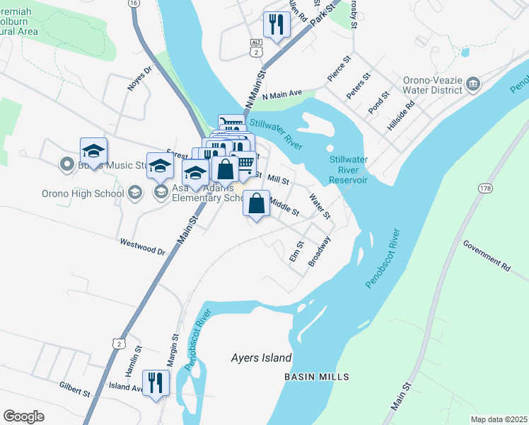 map of restaurants, bars, coffee shops, grocery stores, and more near Pine Street in Orono