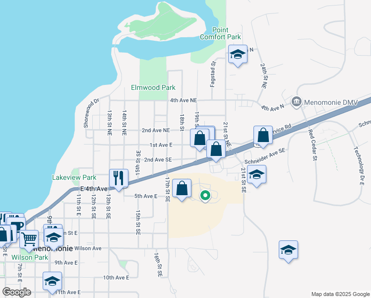 map of restaurants, bars, coffee shops, grocery stores, and more near 102 18th St S in Menomonie