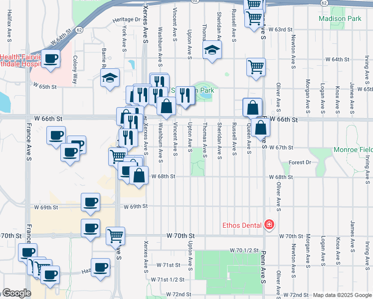 map of restaurants, bars, coffee shops, grocery stores, and more near 2801 West 67th Street in Minneapolis