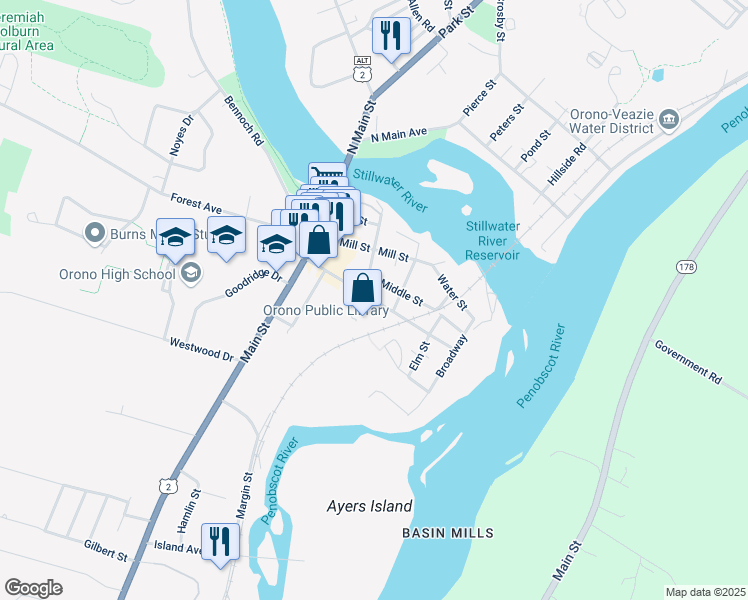 map of restaurants, bars, coffee shops, grocery stores, and more near Pine Street in Orono