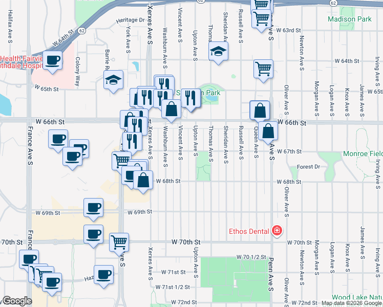 map of restaurants, bars, coffee shops, grocery stores, and more near 2801 West 67th Street in Minneapolis