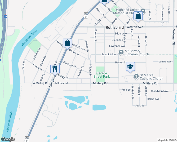 map of restaurants, bars, coffee shops, grocery stores, and more near 214 Florence St in Rothschild
