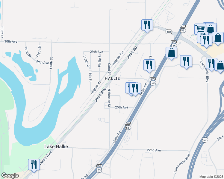 map of restaurants, bars, coffee shops, grocery stores, and more near 2641 118th Street in Chippewa Falls