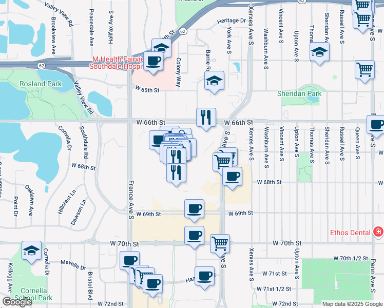 map of restaurants, bars, coffee shops, grocery stores, and more near 200 Southdale Circle in Minneapolis