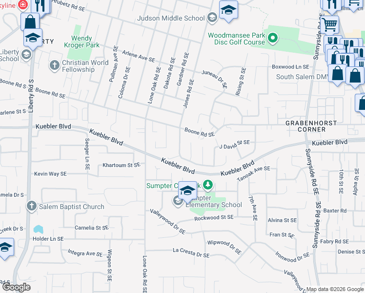 map of restaurants, bars, coffee shops, grocery stores, and more near 5088 Jones Road Southeast in Salem