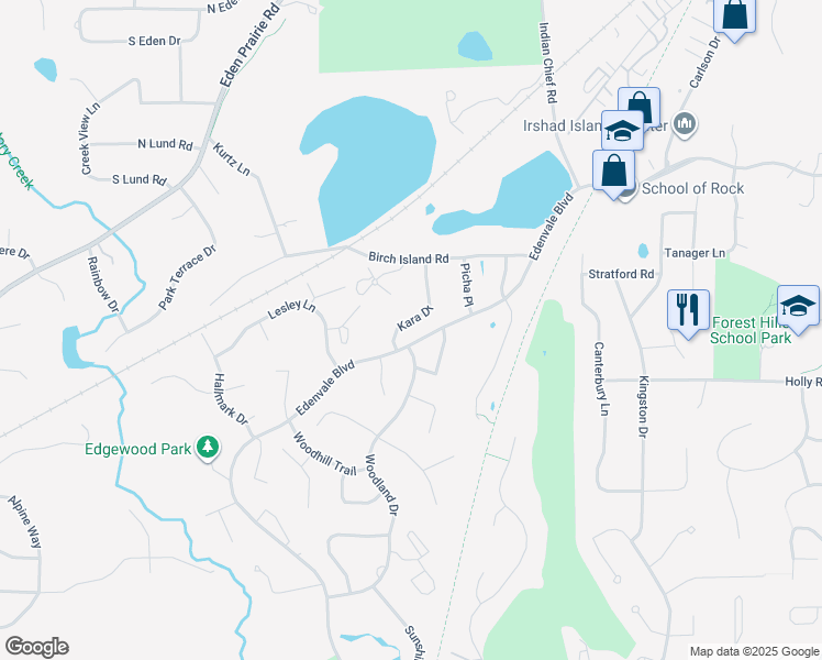 map of restaurants, bars, coffee shops, grocery stores, and more near 6673 Kara Drive in Eden Prairie