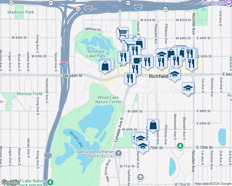 map of restaurants, bars, coffee shops, grocery stores, and more near 6711 Lake Shore Drive South in Richfield