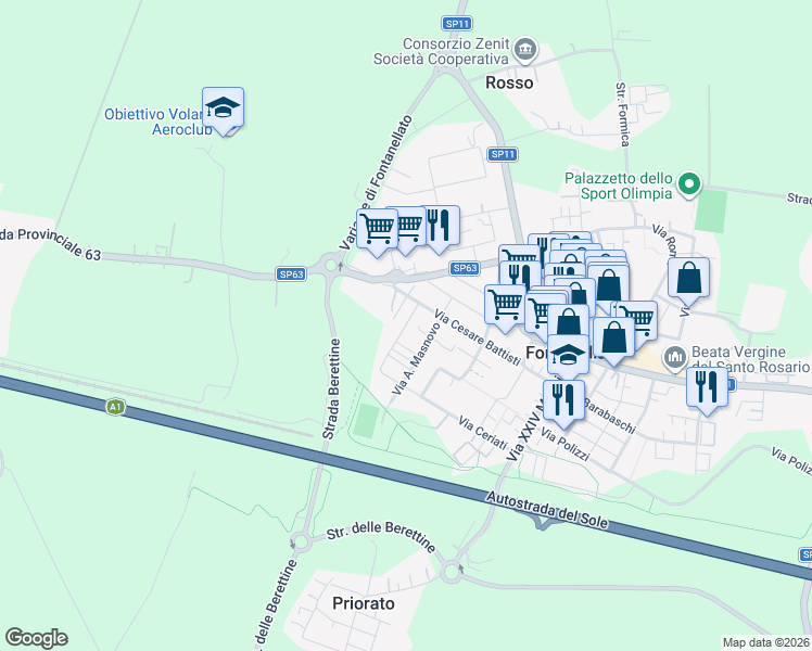 map of restaurants, bars, coffee shops, grocery stores, and more near 9 Via Bussolati in Fontanellato