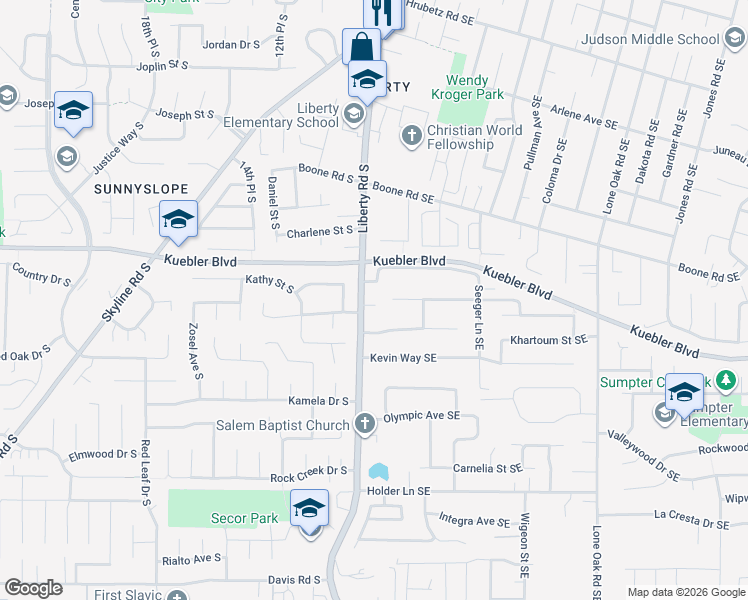 map of restaurants, bars, coffee shops, grocery stores, and more near 150 Kanuku Court Southeast in Salem