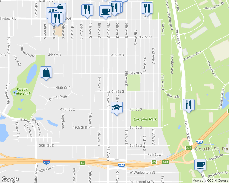 map of restaurants, bars, coffee shops, grocery stores, and more near 605 7th Ave S in South St Paul