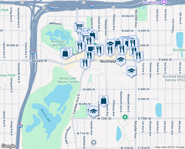 map of restaurants, bars, coffee shops, grocery stores, and more near 6700 Grand Avenue South in Minneapolis