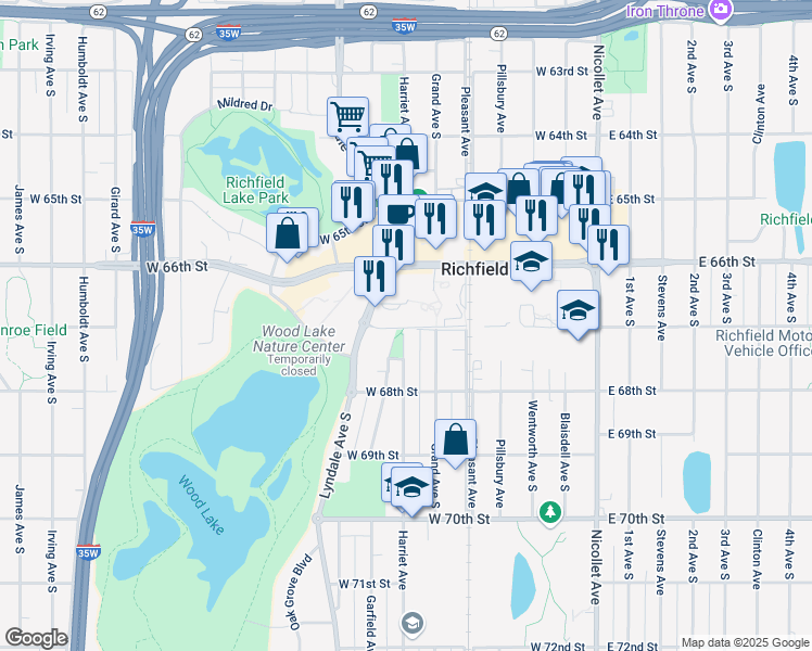 map of restaurants, bars, coffee shops, grocery stores, and more near 6700 Grand Avenue South in Minneapolis