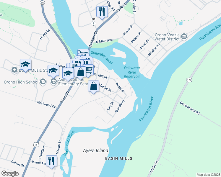 map of restaurants, bars, coffee shops, grocery stores, and more near 34 Middle Street in Orono