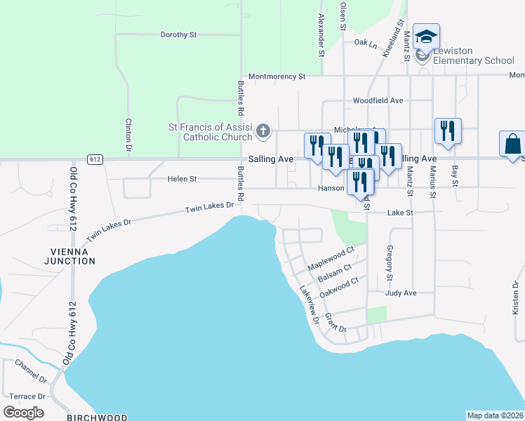 map of restaurants, bars, coffee shops, grocery stores, and more near 4035 Lake Street in Lewiston