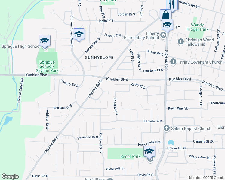 map of restaurants, bars, coffee shops, grocery stores, and more near 1839 Skyline Court South in Salem