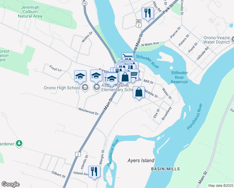 map of restaurants, bars, coffee shops, grocery stores, and more near 72 Main Street in Orono