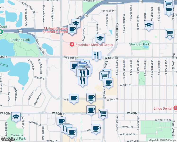 map of restaurants, bars, coffee shops, grocery stores, and more near 200 Southdale Cir in Minneapolis