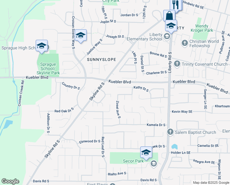 map of restaurants, bars, coffee shops, grocery stores, and more near 1839 Skyline Court South in Salem