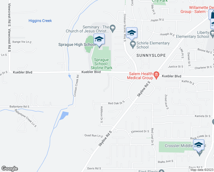 map of restaurants, bars, coffee shops, grocery stores, and more near 2280 Kuebler Boulevard in Salem