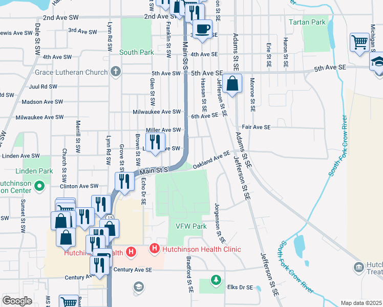 map of restaurants, bars, coffee shops, grocery stores, and more near 766 Ivy Lane Southeast in Hutchinson