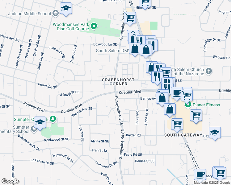 map of restaurants, bars, coffee shops, grocery stores, and more near Kuebler Boulevard & Sunnyside Road Southeast in Salem