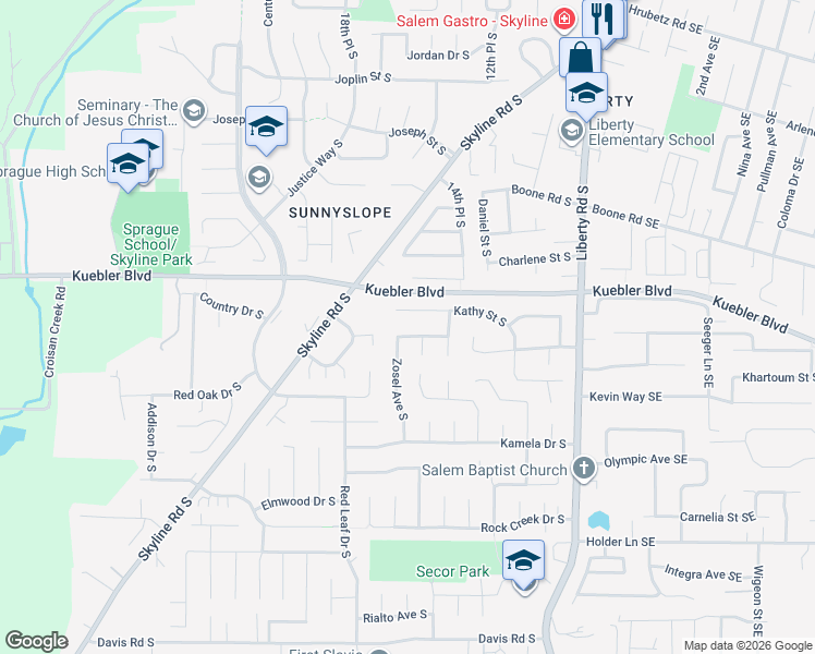 map of restaurants, bars, coffee shops, grocery stores, and more near 1655 Boehmer Street South in Salem