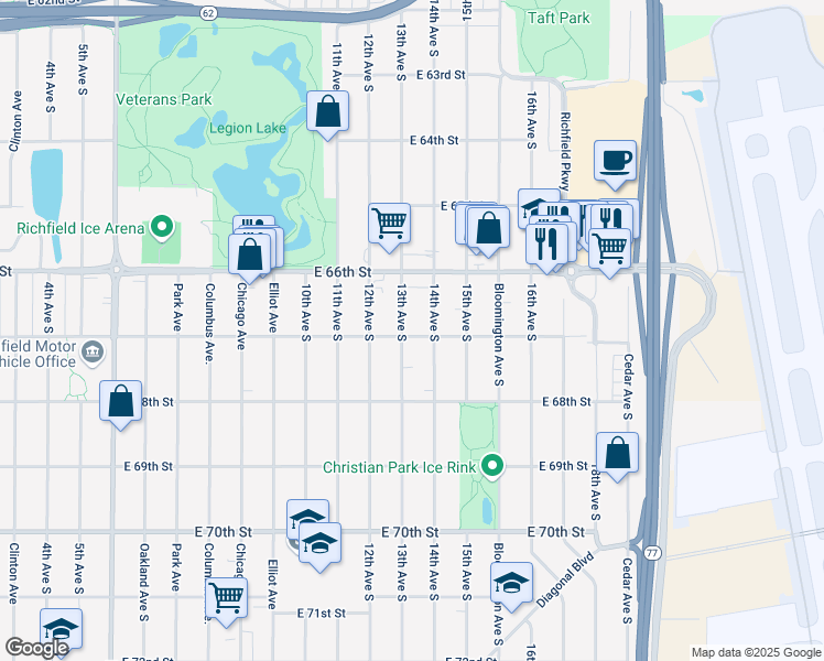 map of restaurants, bars, coffee shops, grocery stores, and more near 6701 13th Avenue South in Minneapolis